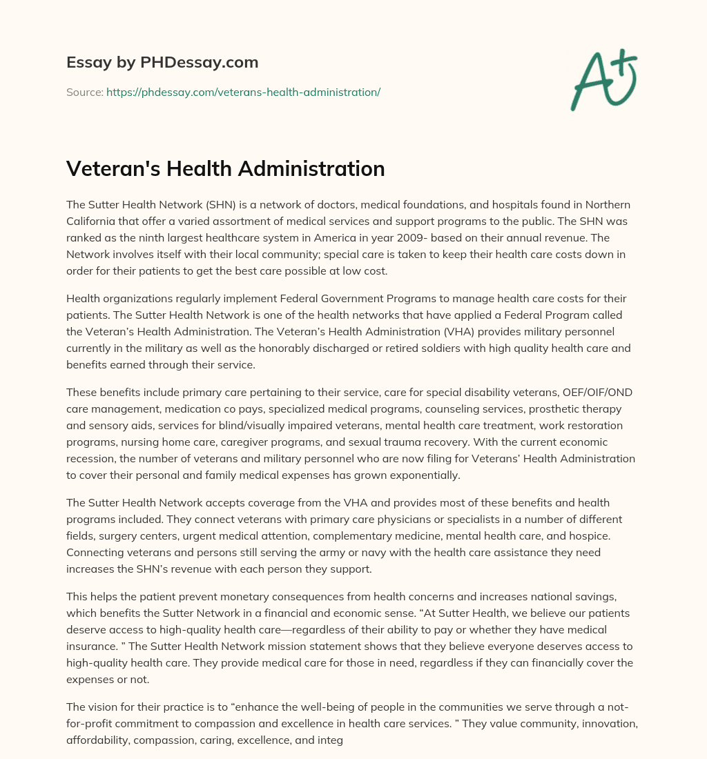 Veteran’s Health Administration essay