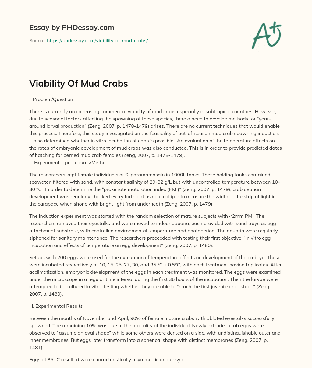 Viability Of Mud Crabs essay