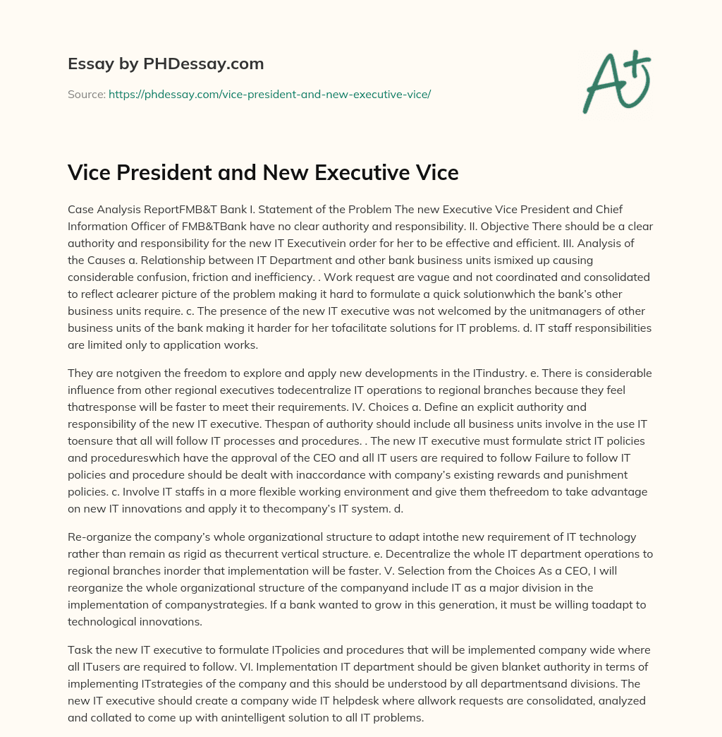 Vice President and New Executive Vice essay