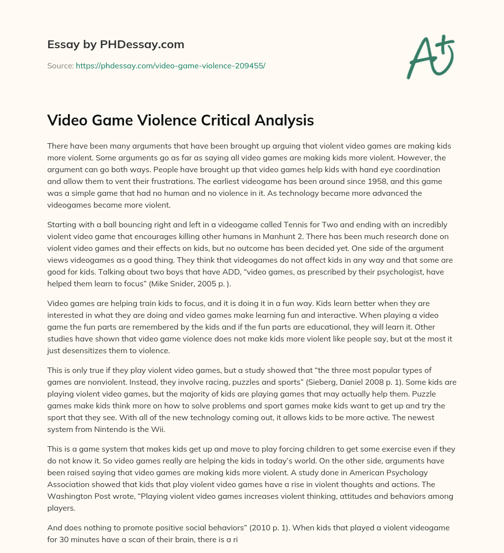 Video Game Violence Critical Analysis essay