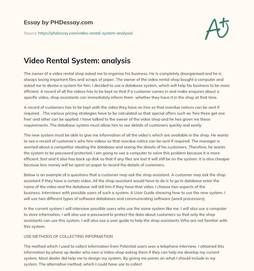 Video Rental System: analysis essay