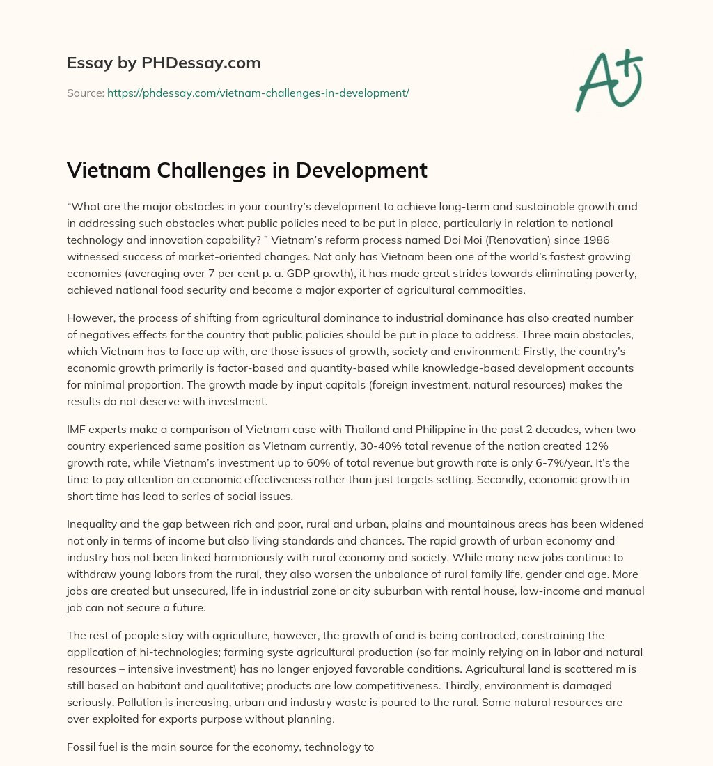 Vietnam Challenges in Development essay