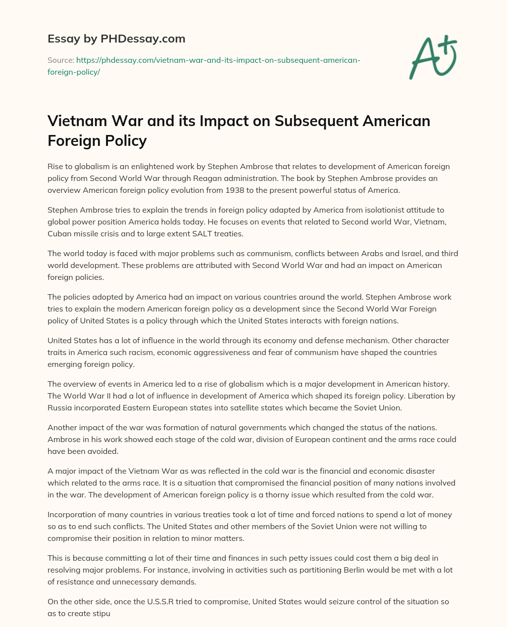 Vietnam War and its Impact on Subsequent American Foreign Policy essay