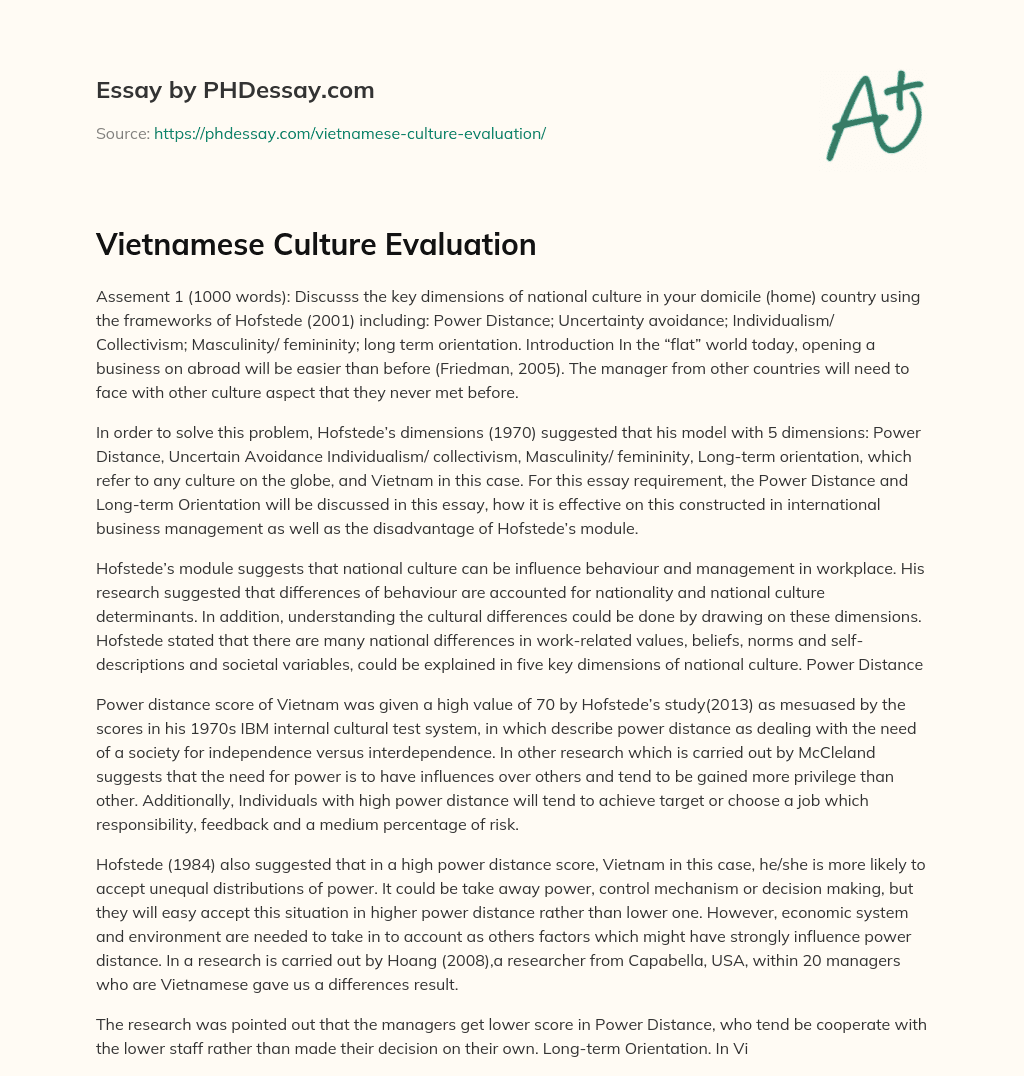 Vietnamese Culture Evaluation essay
