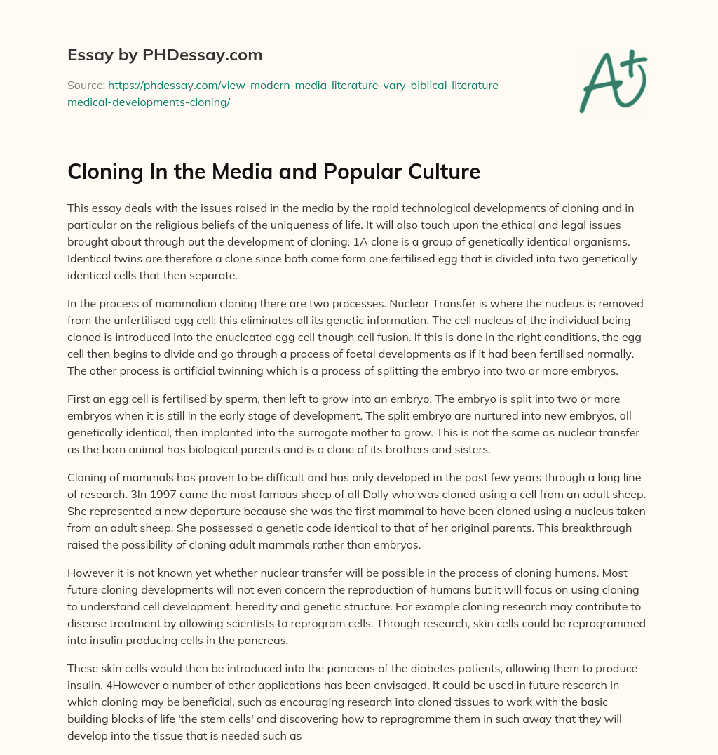 Cloning In the Media and Popular Culture essay