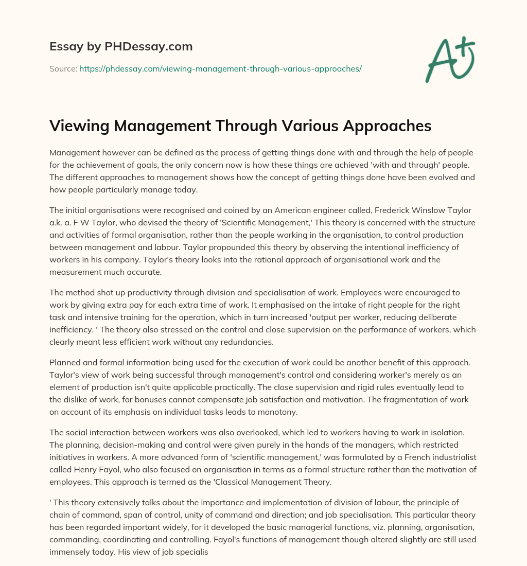 Viewing Management Through Various Approaches essay