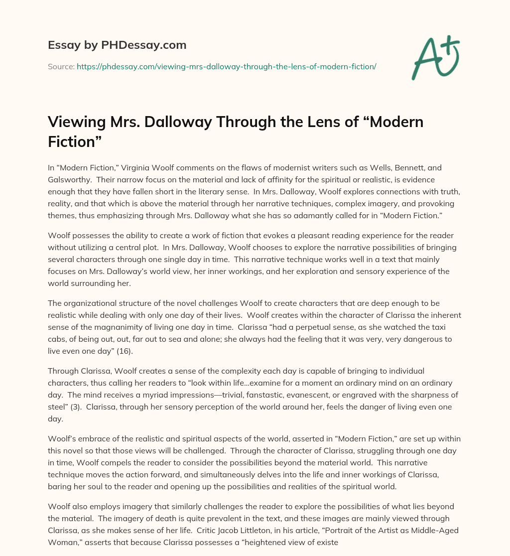 Viewing Mrs. Dalloway Through the Lens of “Modern Fiction” essay