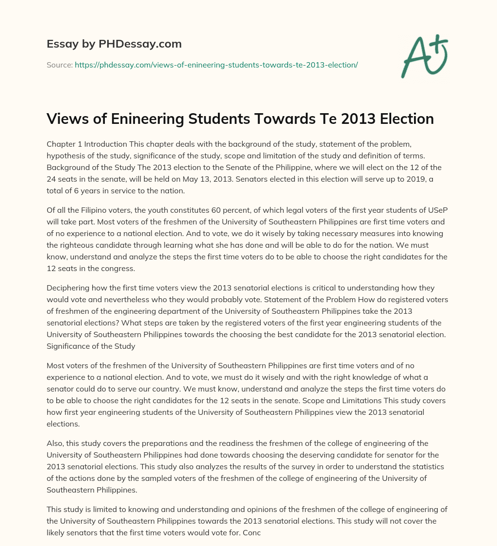 Views of Enineering Students Towards Te 2013 Election essay