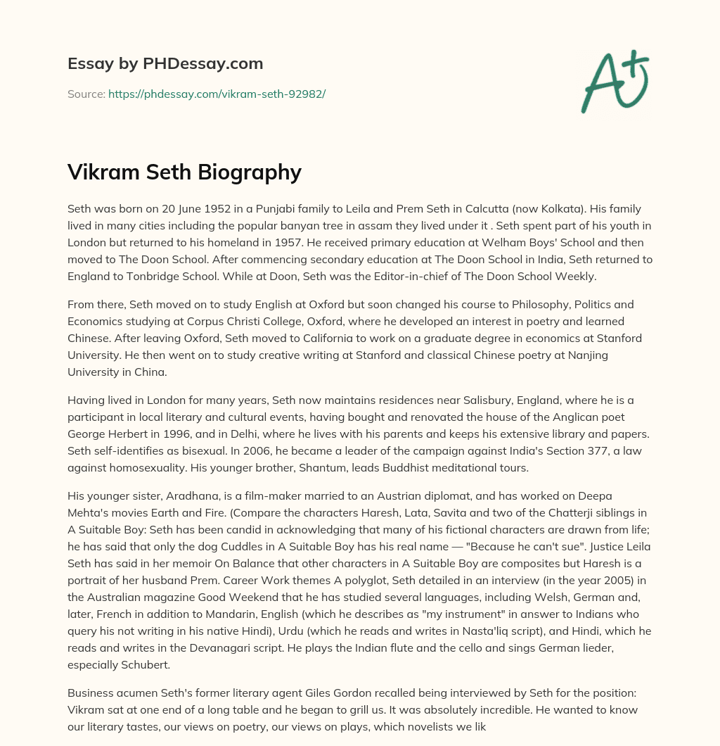 Vikram Seth Biography essay
