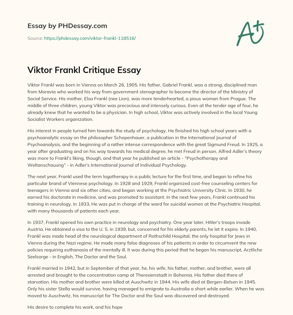 Viktor Frankl Critique Essay essay
