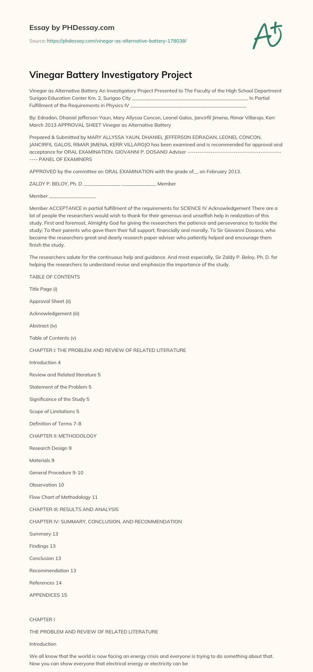 Vinegar Battery Investigatory Project Research Paper Example