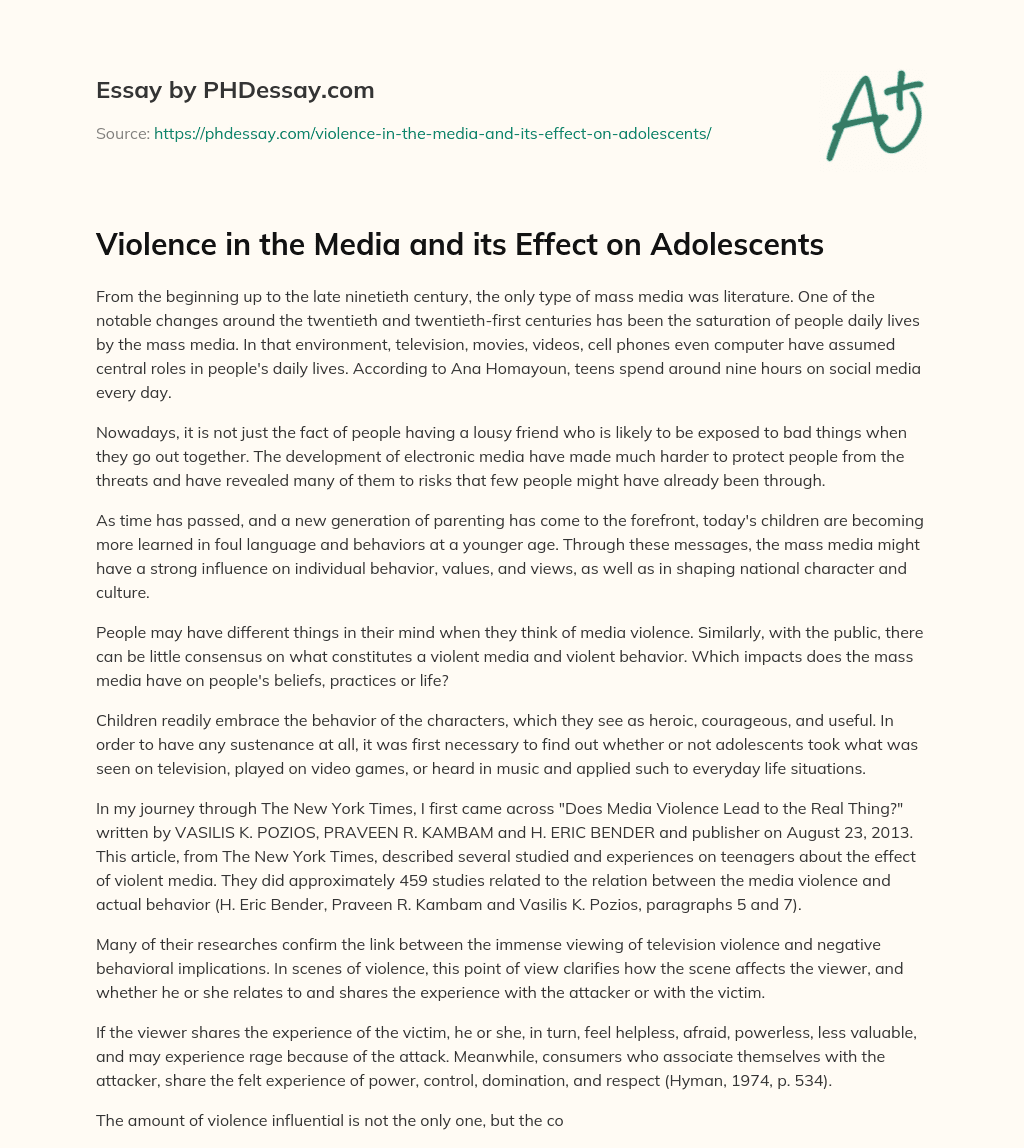 Violence in the Media and its Effect on Adolescents essay
