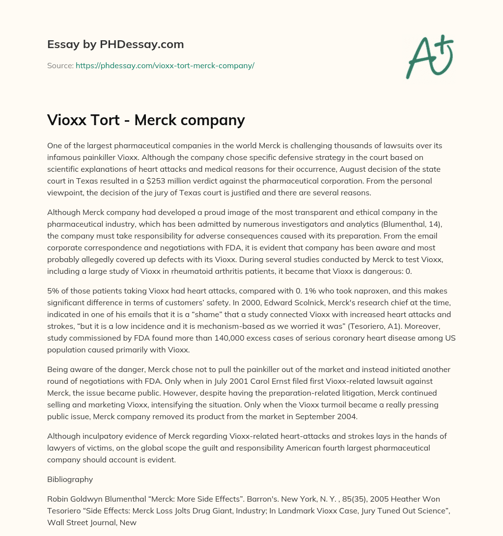 Vioxx Tort – Merck company essay