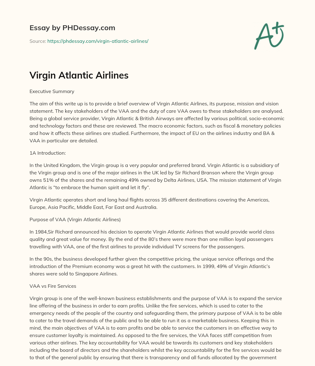 Virgin Atlantic Airlines essay
