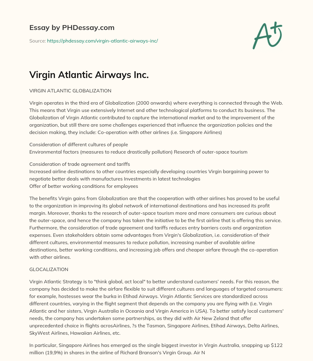 Virgin Atlantic Airways Inc. essay