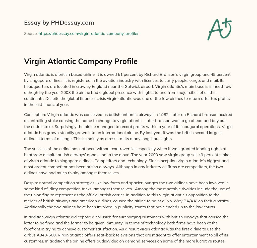 Virgin Atlantic Company Profile essay