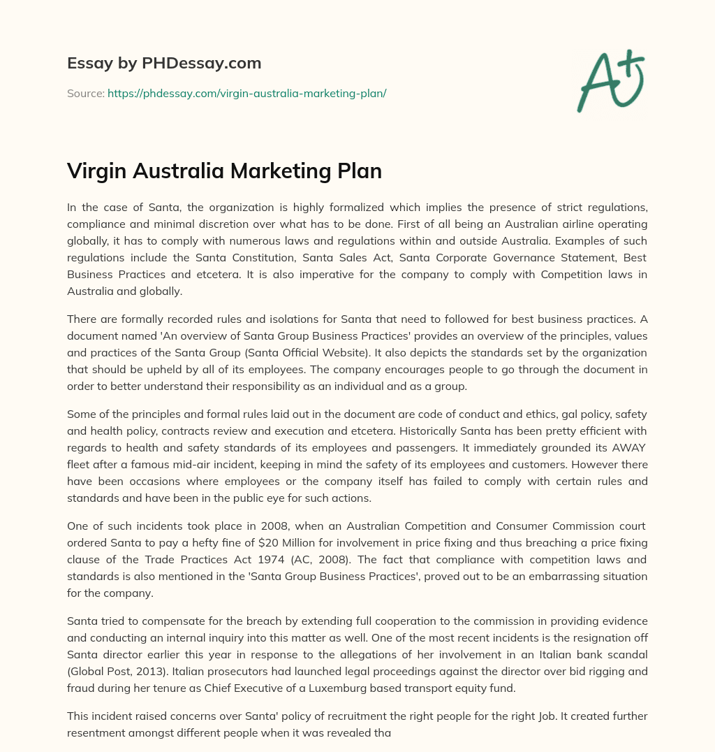 Virgin Australia Marketing Plan essay