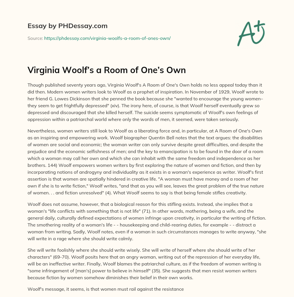 Virginia Woolf’s a Room of One’s Own essay
