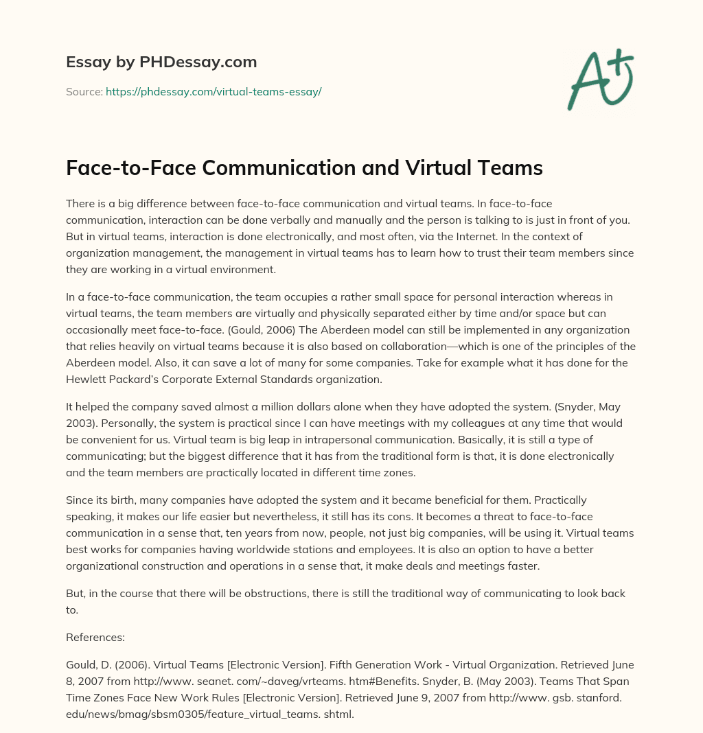 Face-to-Face Communication and Virtual Teams essay