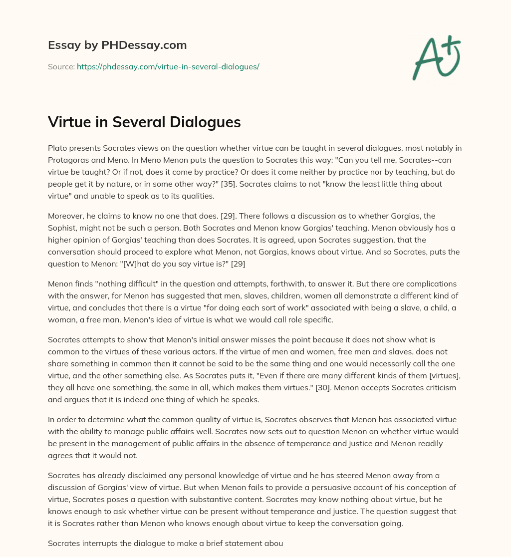 Virtue in Several Dialogues essay