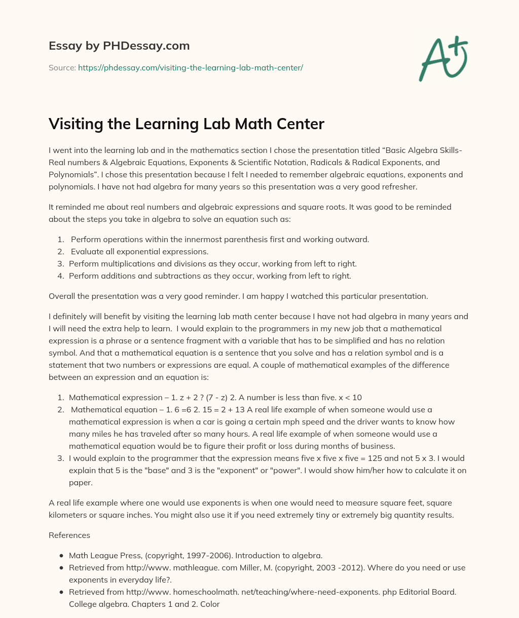 Visiting the Learning Lab Math Center essay