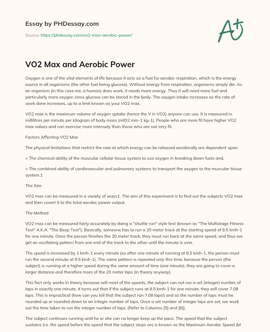 VO2 Max and Aerobic Power essay