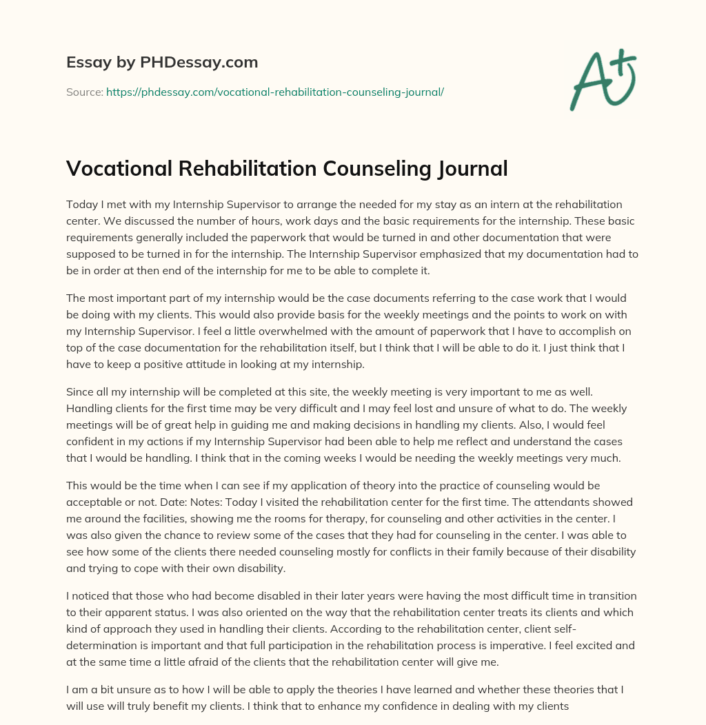 Vocational Rehabilitation Counseling Journal essay