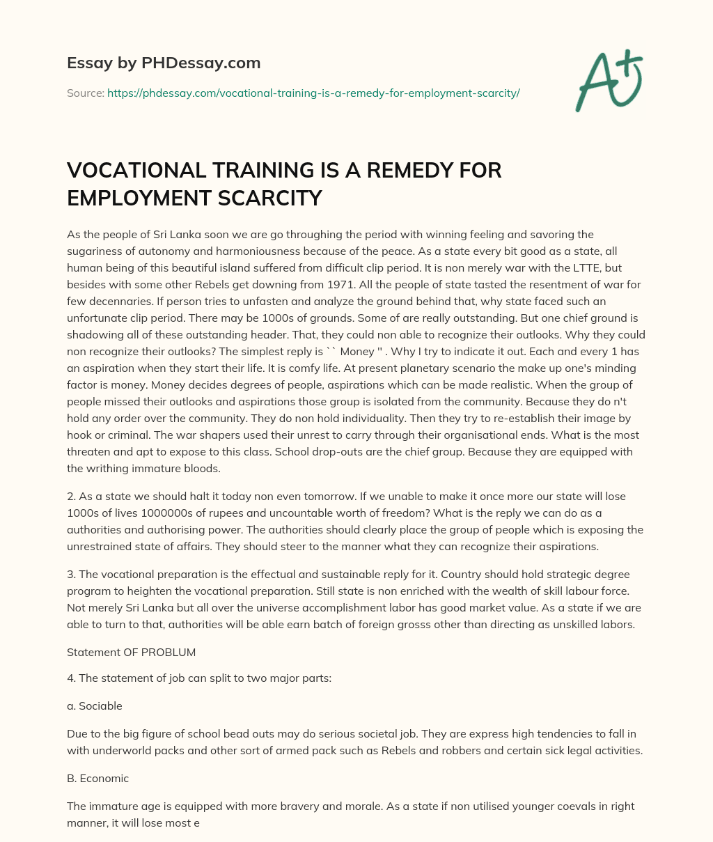 VOCATIONAL TRAINING IS A REMEDY FOR EMPLOYMENT SCARCITY essay