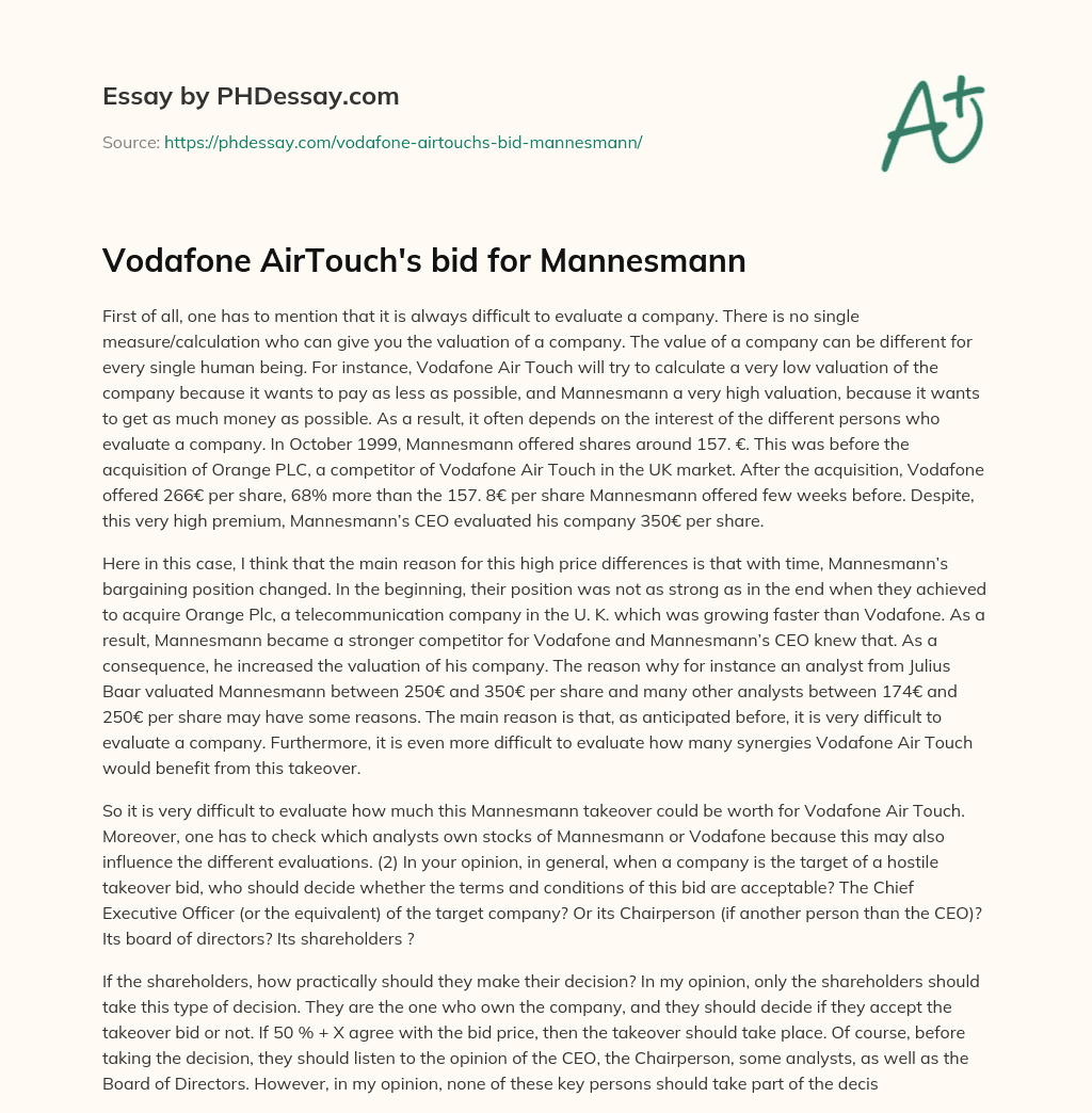 Vodafone AirTouch’s bid for Mannesmann essay