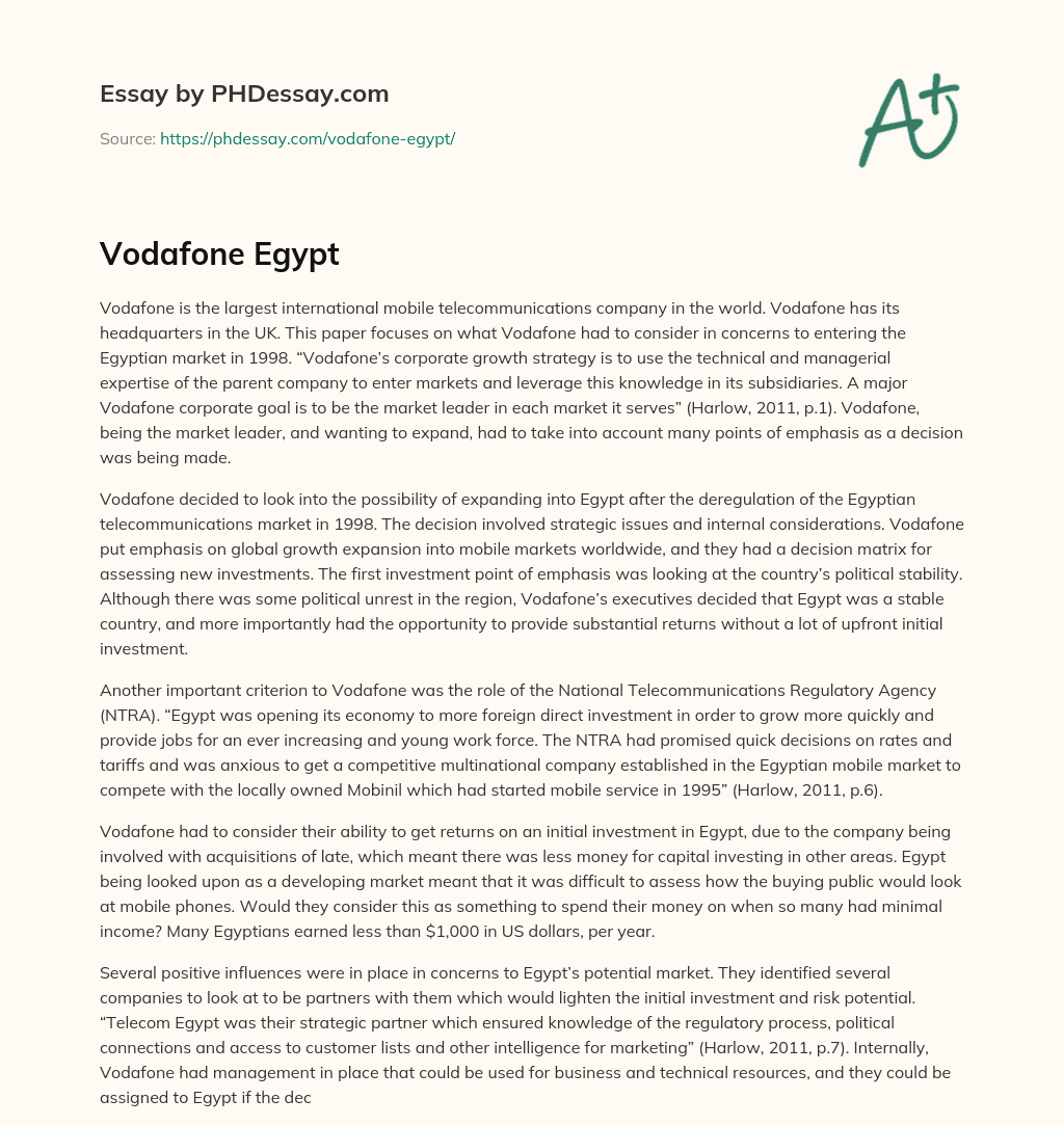 Vodafone Egypt essay