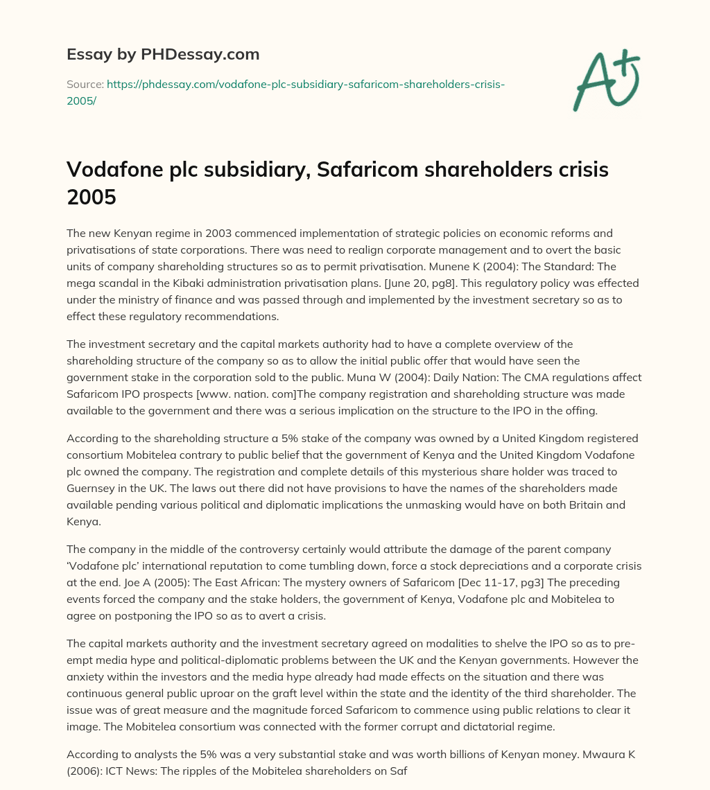 Vodafone plc subsidiary, Safaricom shareholders crisis 2005 essay