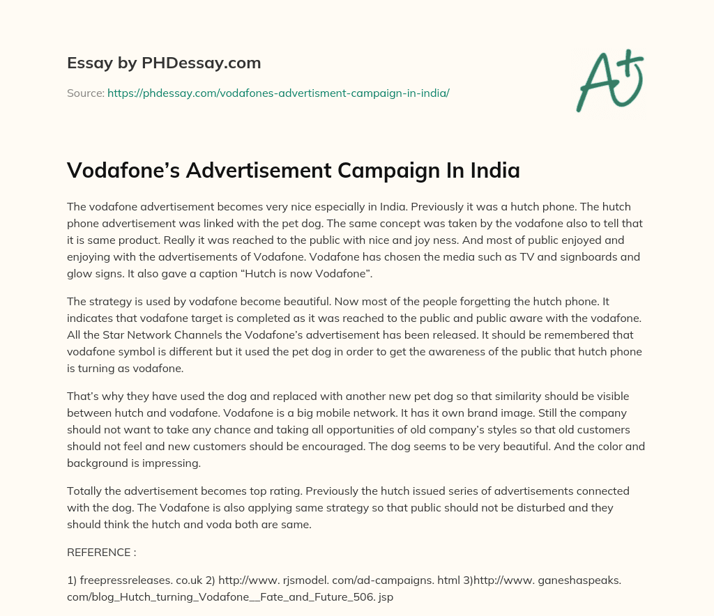 Vodafone’s Advertisement Campaign In India essay