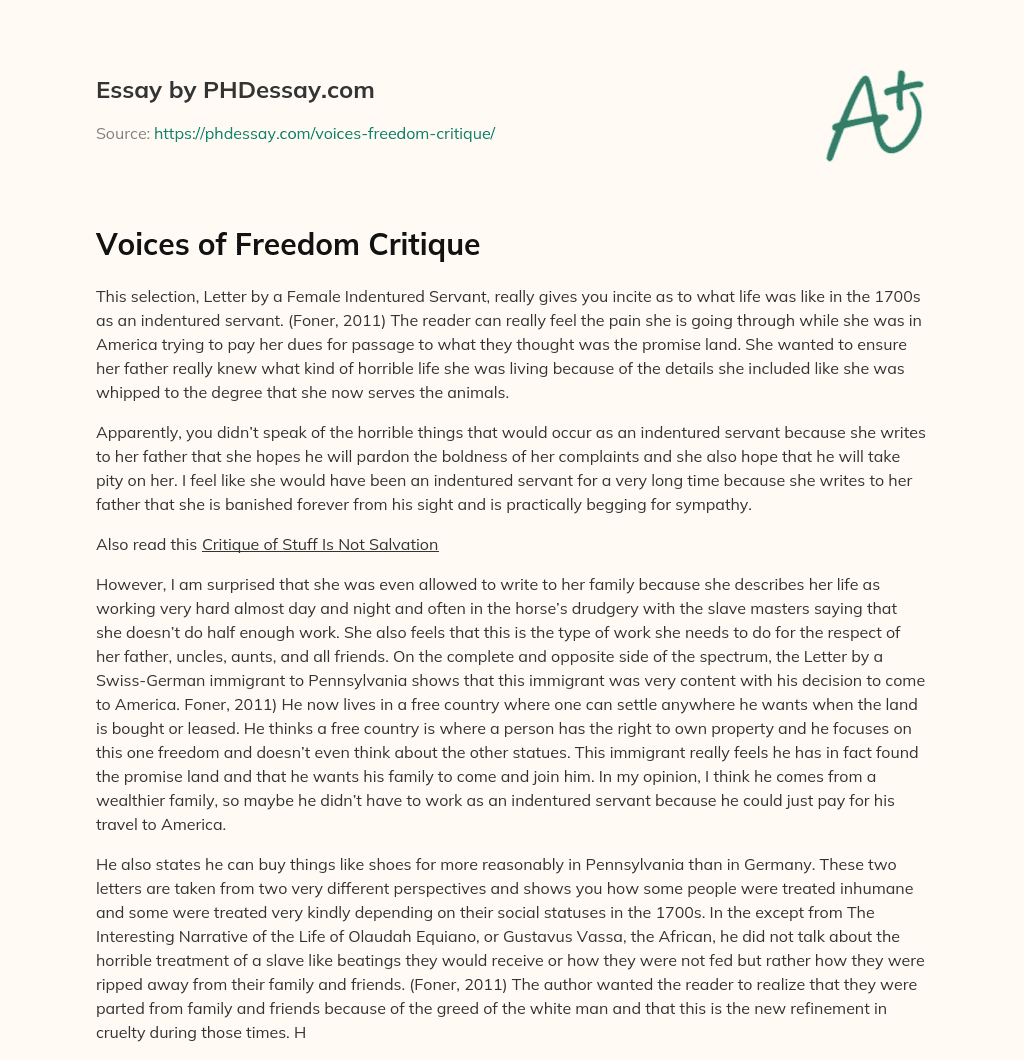 Voices of Freedom Critique essay