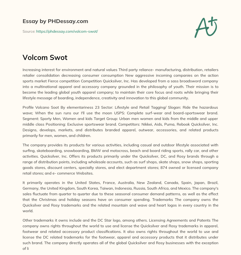 Competition in the Action Sports Market: Quicksilver and Volcano Soot essay