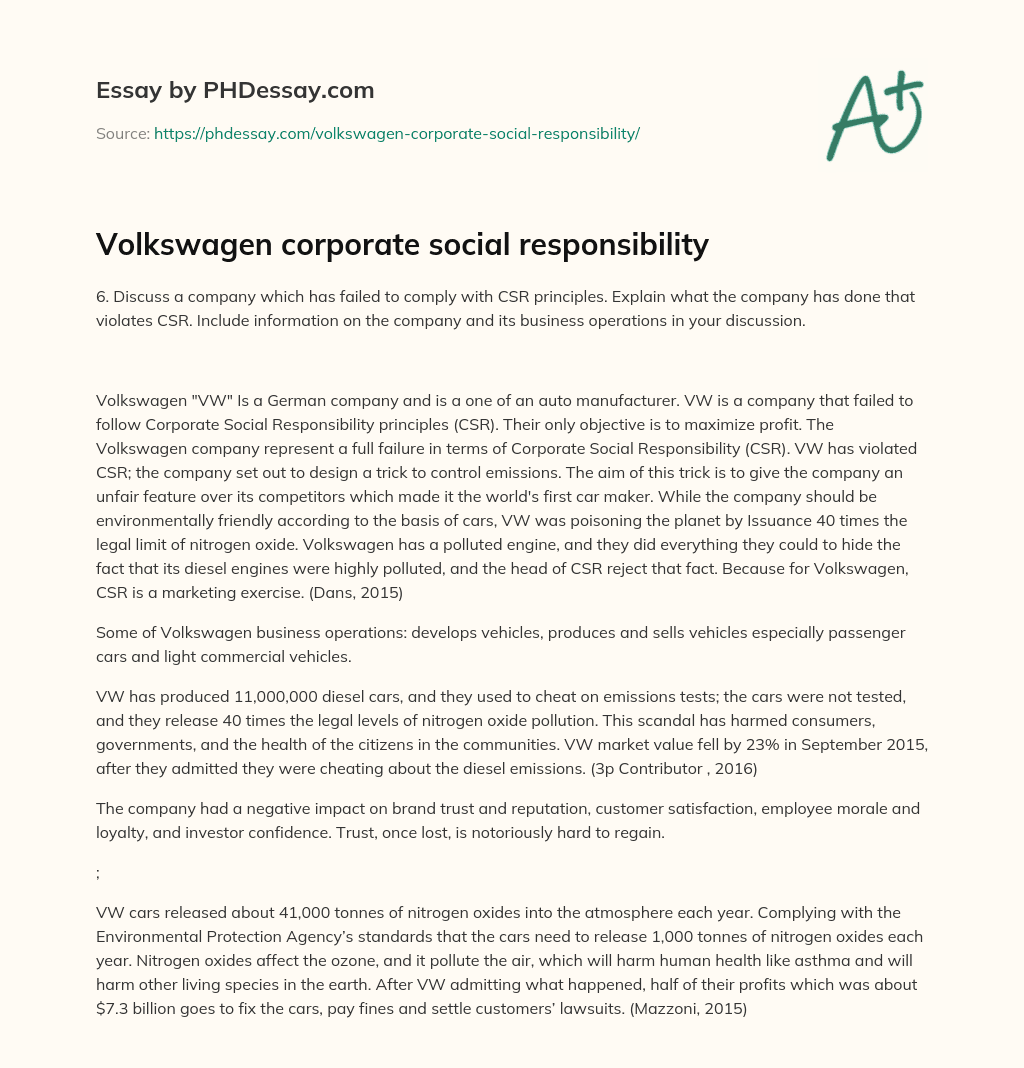 Volkswagen corporate social responsibility essay