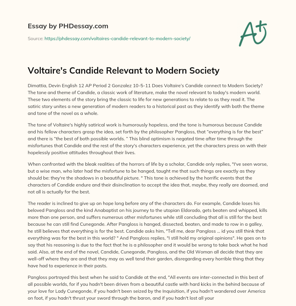 Voltaire’s Candide Relevant to Modern Society essay