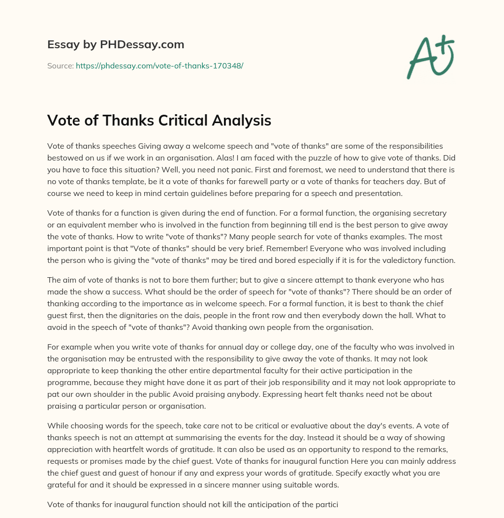 Vote of Thanks Critical Analysis essay