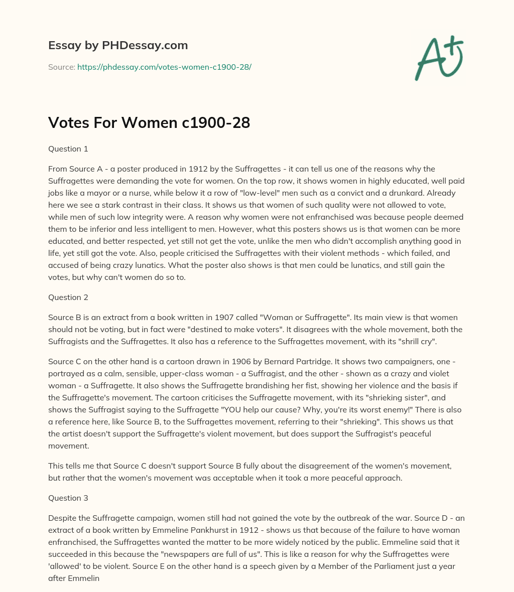 Votes For Women c1900-28 essay