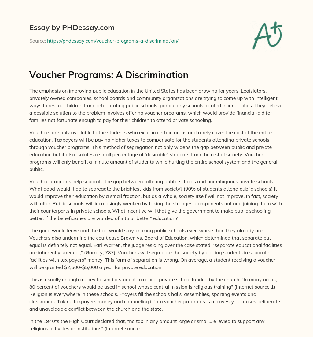 Voucher Programs: A Discrimination essay