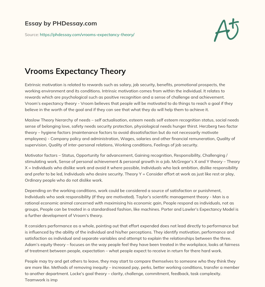 Vrooms Expectancy Theory essay