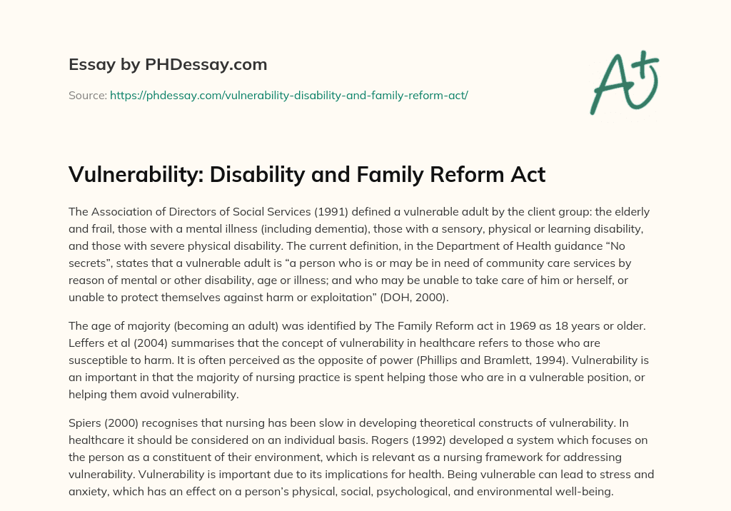 Vulnerability: Disability and Family Reform Act essay