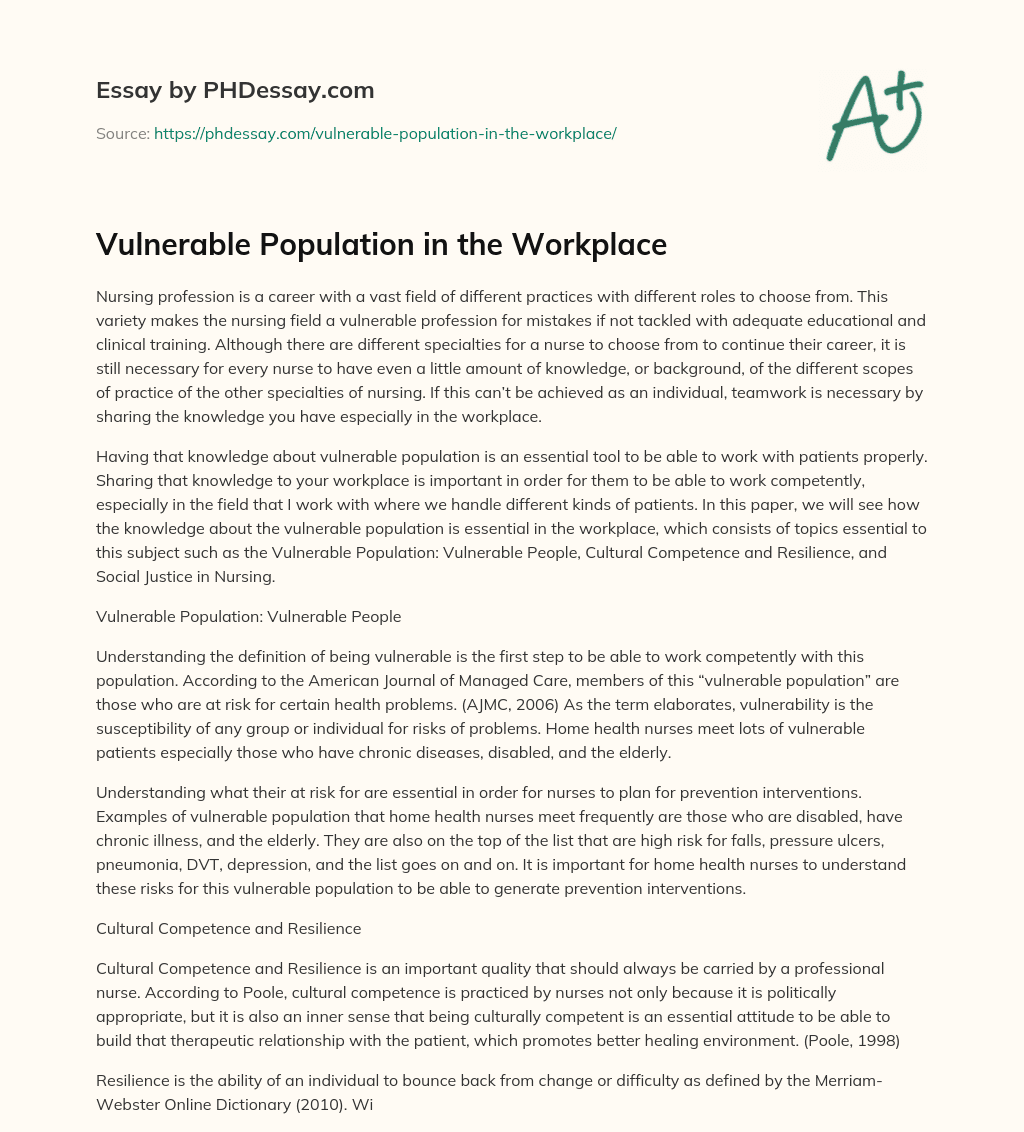 Vulnerable Population in the Workplace essay
