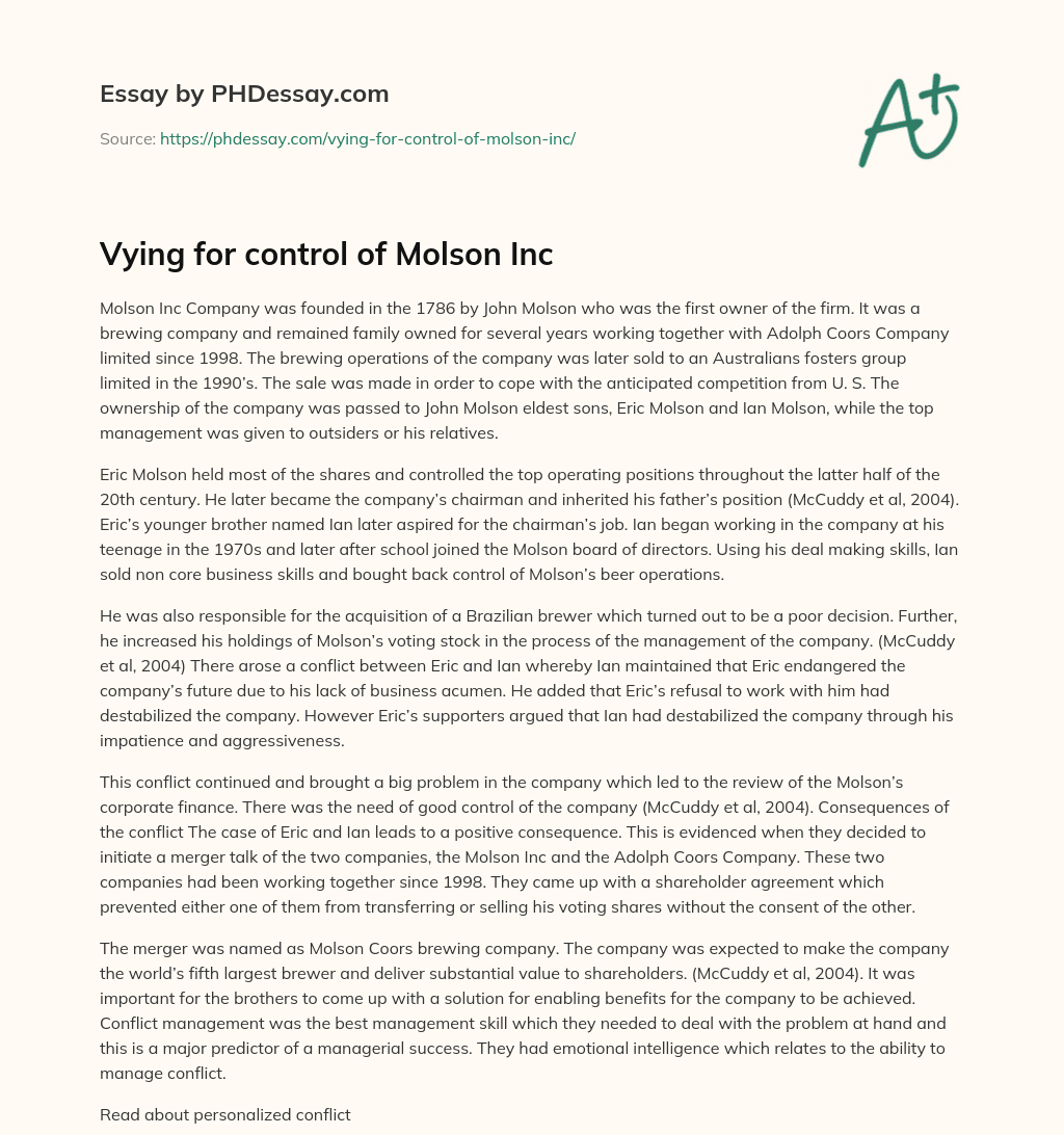 Vying for control of Molson Inc essay