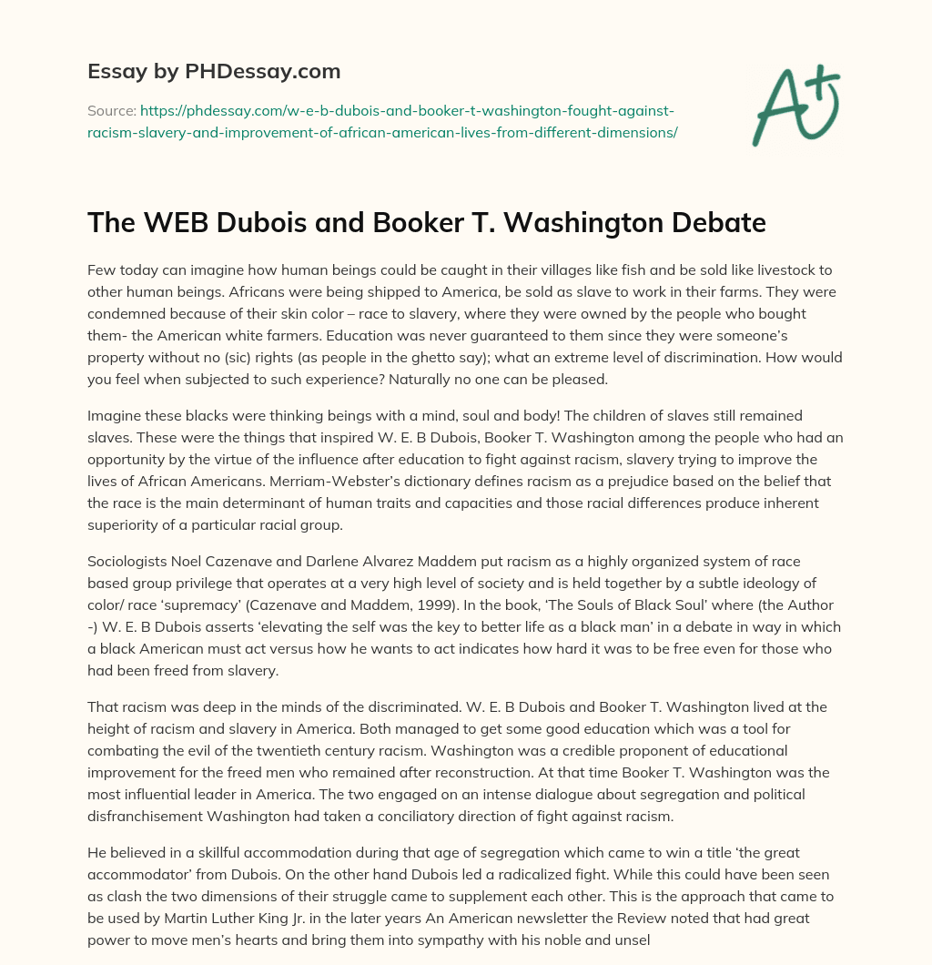 The WEB Dubois and Booker T. Washington Debate essay