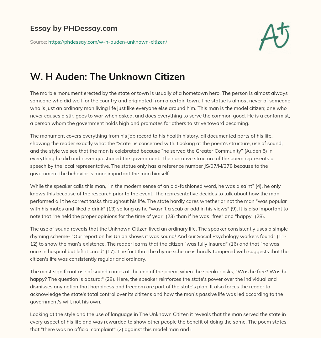 W. H Auden: The Unknown Citizen essay