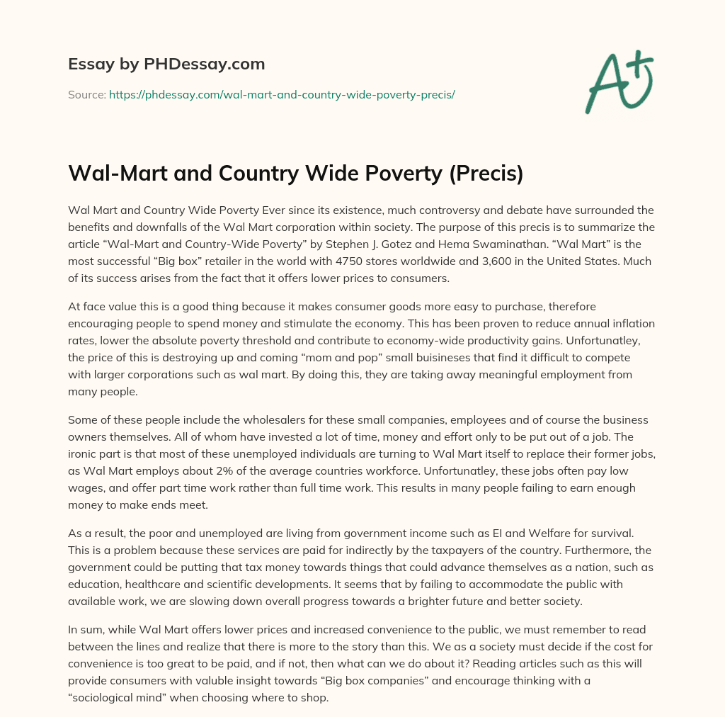 Wal-Mart and Country Wide Poverty (Precis) essay