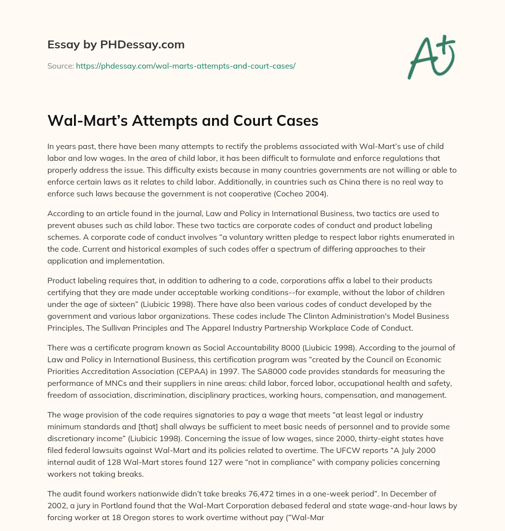 Wal-Mart’s Attempts and Court Cases essay