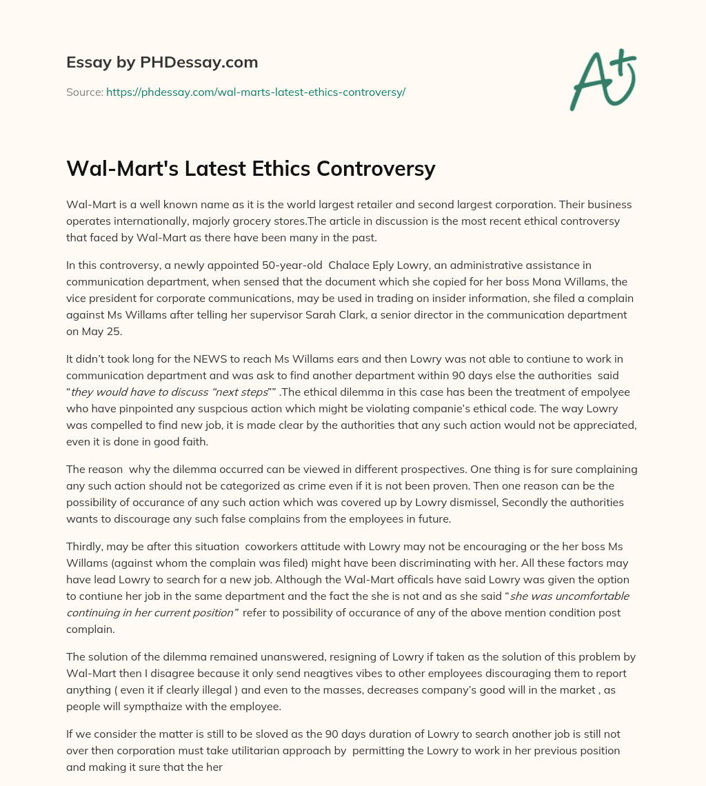 Wal-Mart’s Latest Ethics Controversy essay
