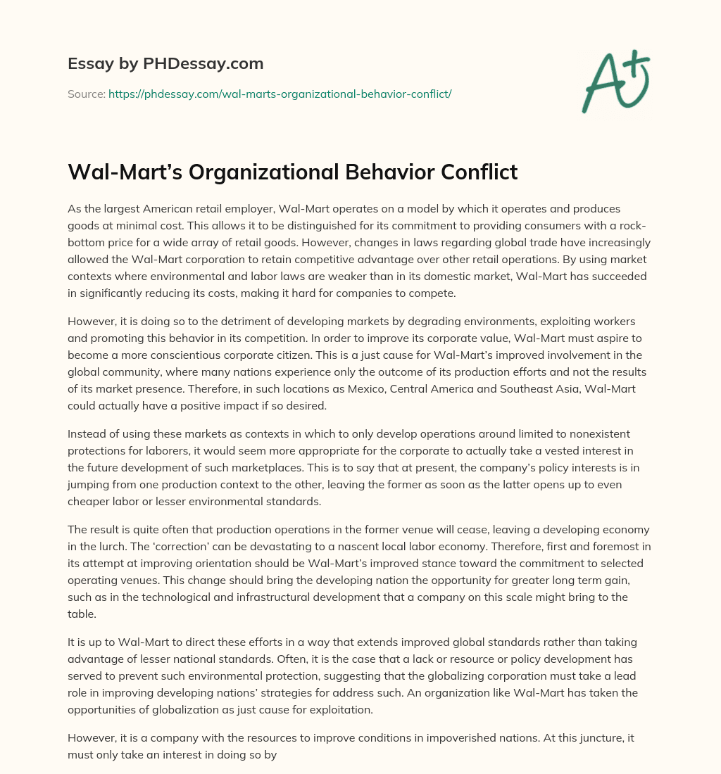 Wal-Mart’s Organizational Behavior Conflict essay