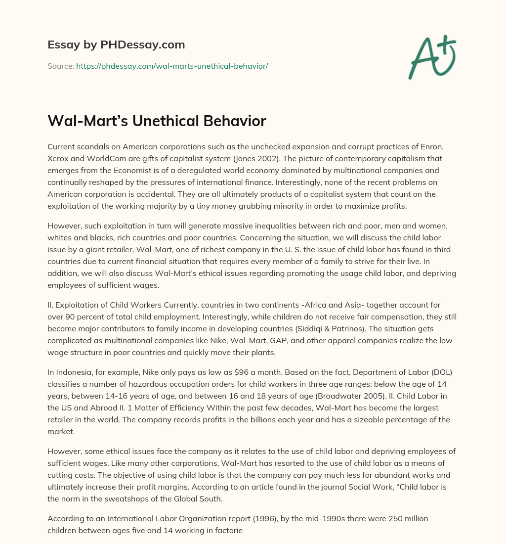 Wal-Mart’s Unethical Behavior essay